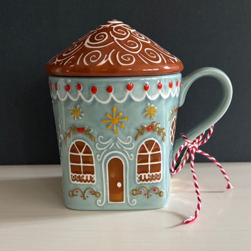 Anthropologie Gingerbread House Stoneware Mug with Lid Blue
